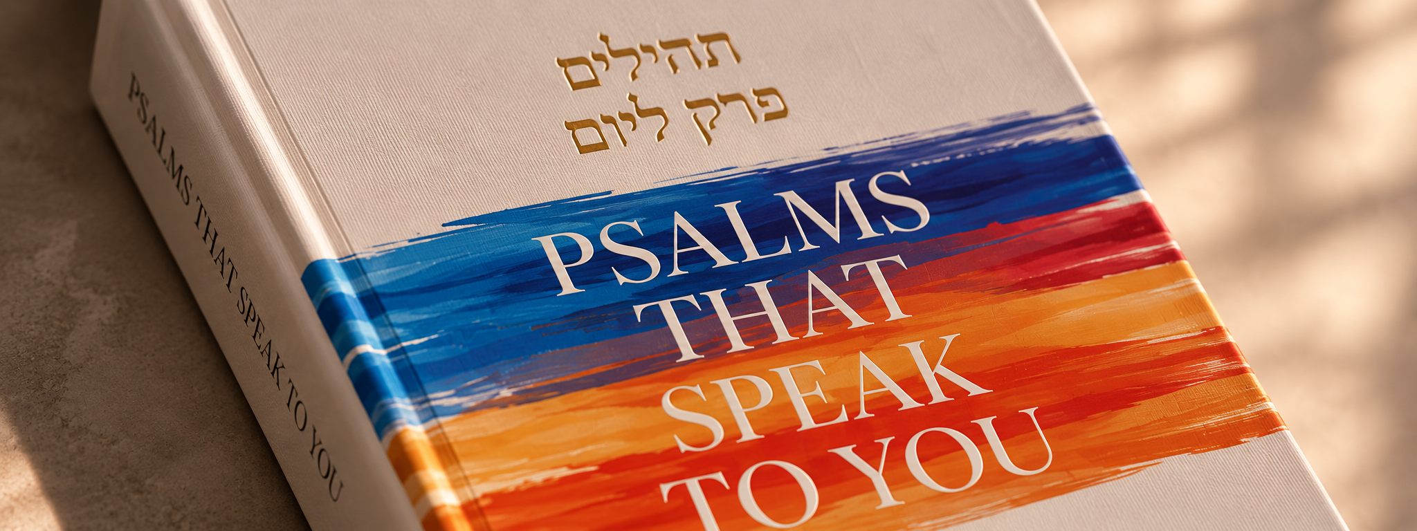 Close-up of the Psalms That Speak to You cover with its blue, red and orange brushstroke